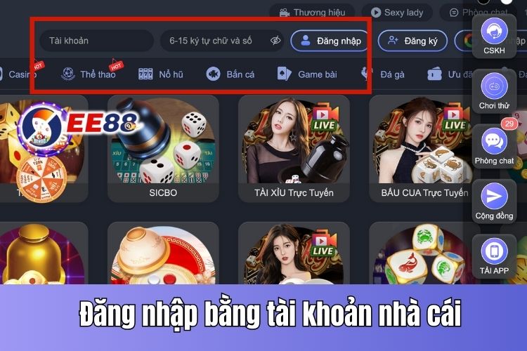 Hướng dẫn đăng nhập bằng app EE88 apk